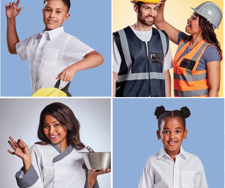 Models wearing a variety of corporate clothing examples including chef wear, protective clothing and school wear.