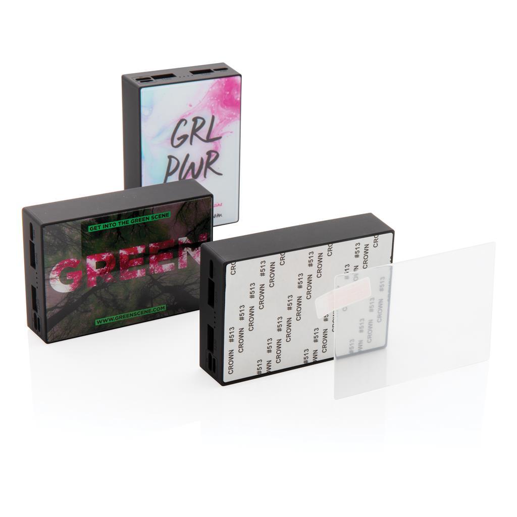 Different branding layouts portrait and landscape of the Tempered glass power bank with a show of the branding area