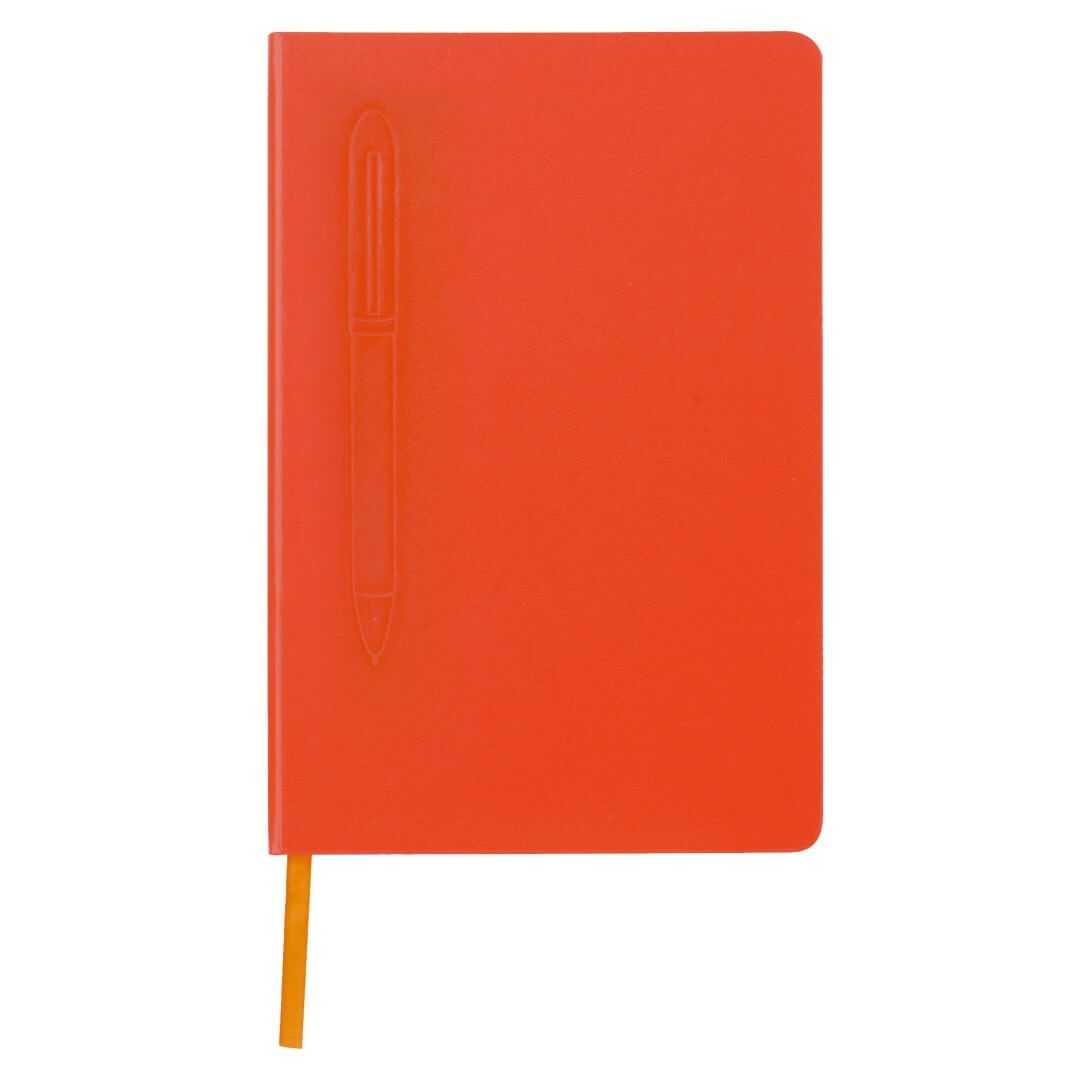 Orange notebook front view closed showing bookmark hanging our