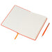 Open orange notebook with an orange ballpoint pen beside it