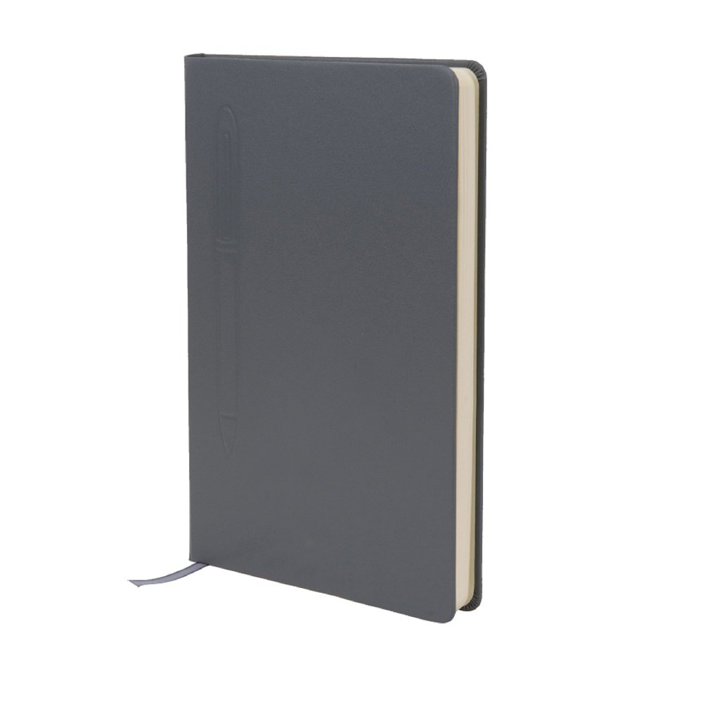 Grey notebook shown upright