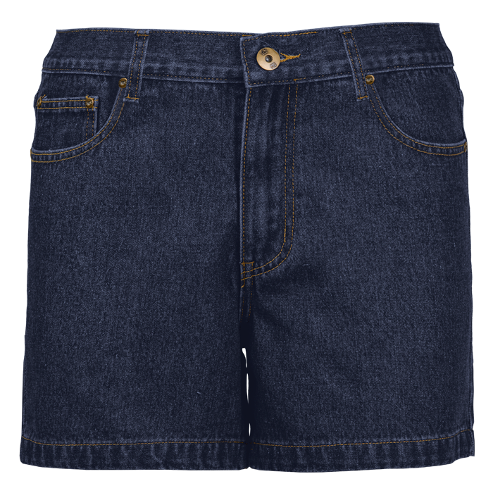Front view of blue denim shorts