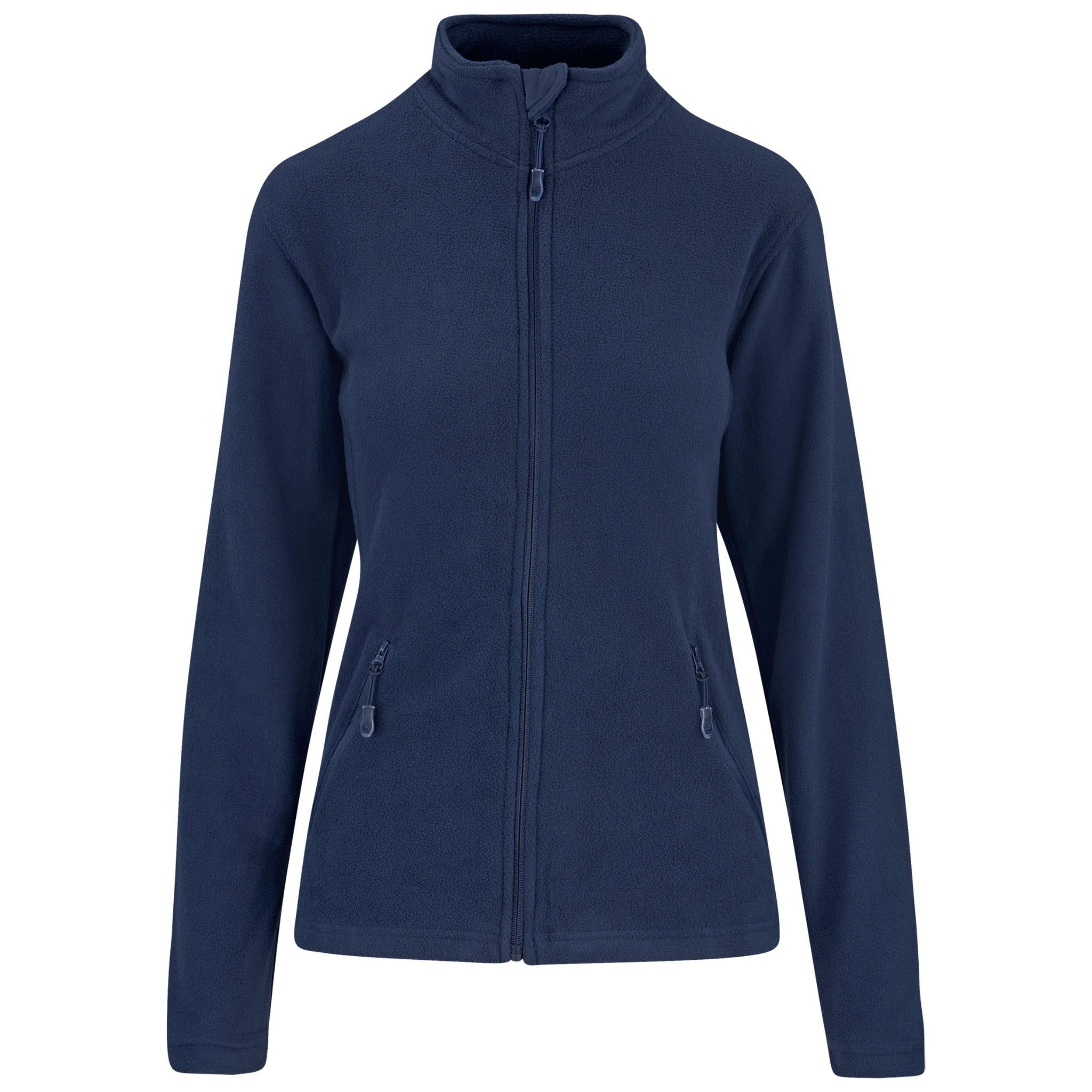 Front view of a ladies Navy micro fleece jacket.